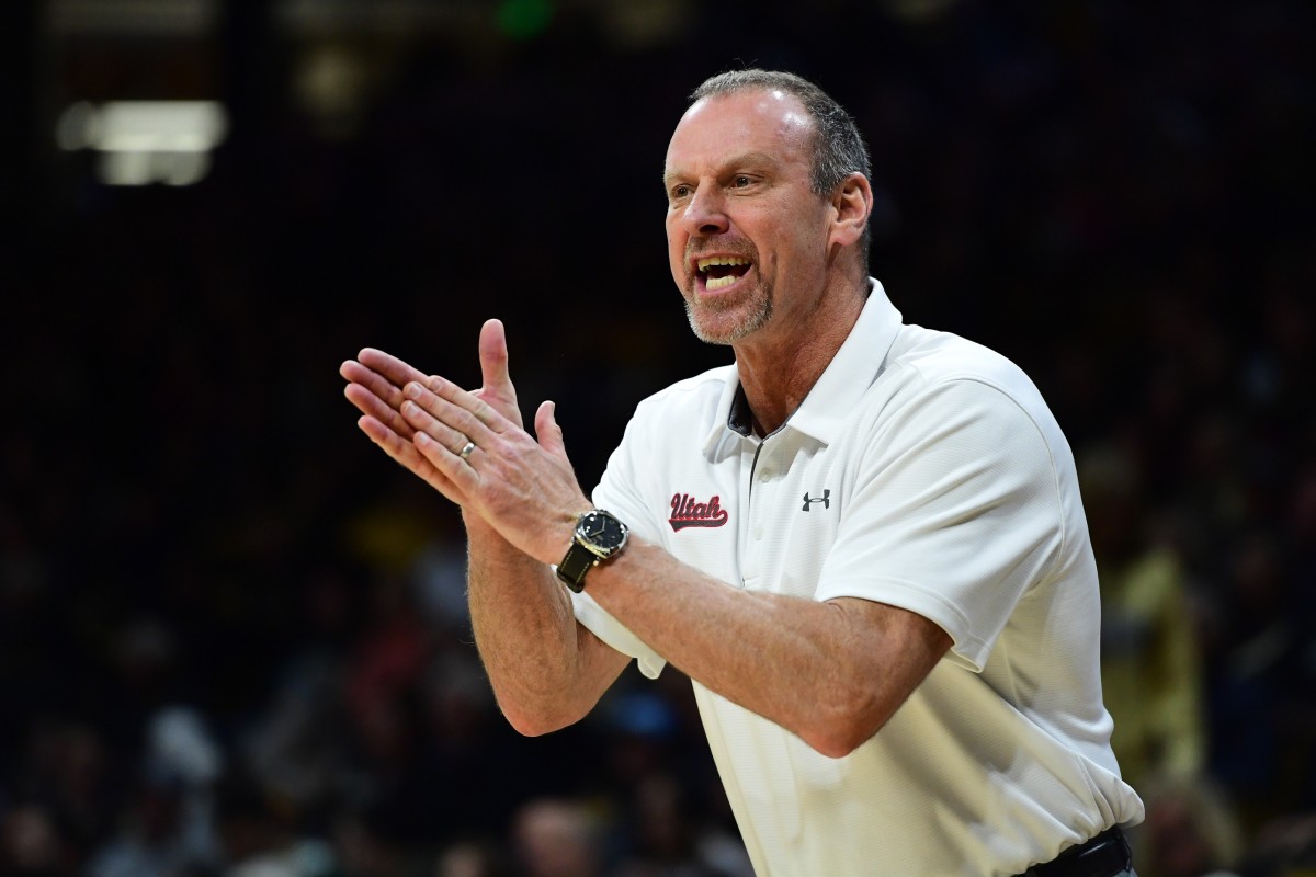 Jan 12, 2020; Boulder, Colorado, USA; Utah Utes head coach Larry Krystkowiak calls out in the second half against the Colorado Buffaloes at the CU Events Center.