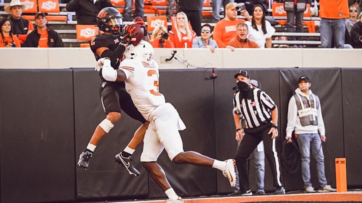 Tylan Wallace had a spectacular touchdown catch against Texas on this play as he took it off the shoulder of the defender.