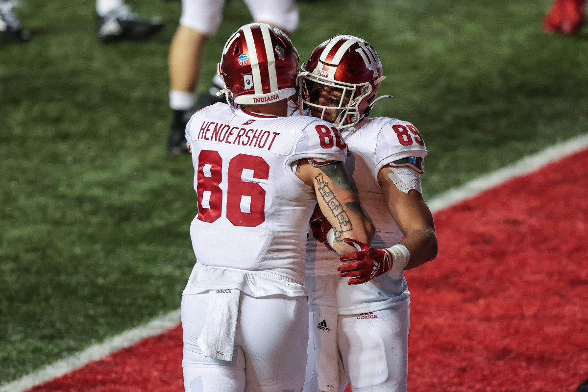 Indiana Hoosiers tight end Peyton Hendershot (86) celebrates his touchdown with tight end Matt Bjorson (89) during the second half against the Rutgers Scarlet Knights at SHI Stadium.