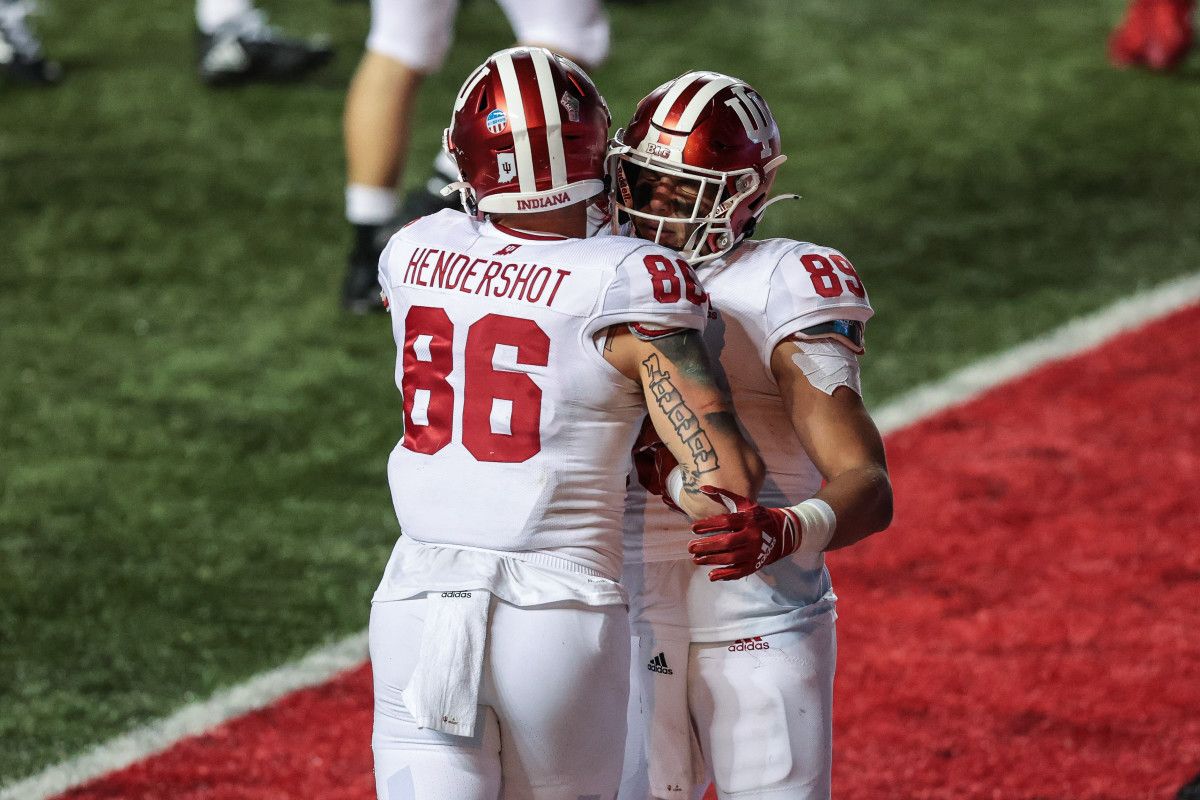 Indiana Hoosiers tight end Peyton Hendershot (86) celebrates his touchdown with tight end Matt Bjorson (89) during the second half against the Rutgers Scarlet Knights at SHI Stadium.