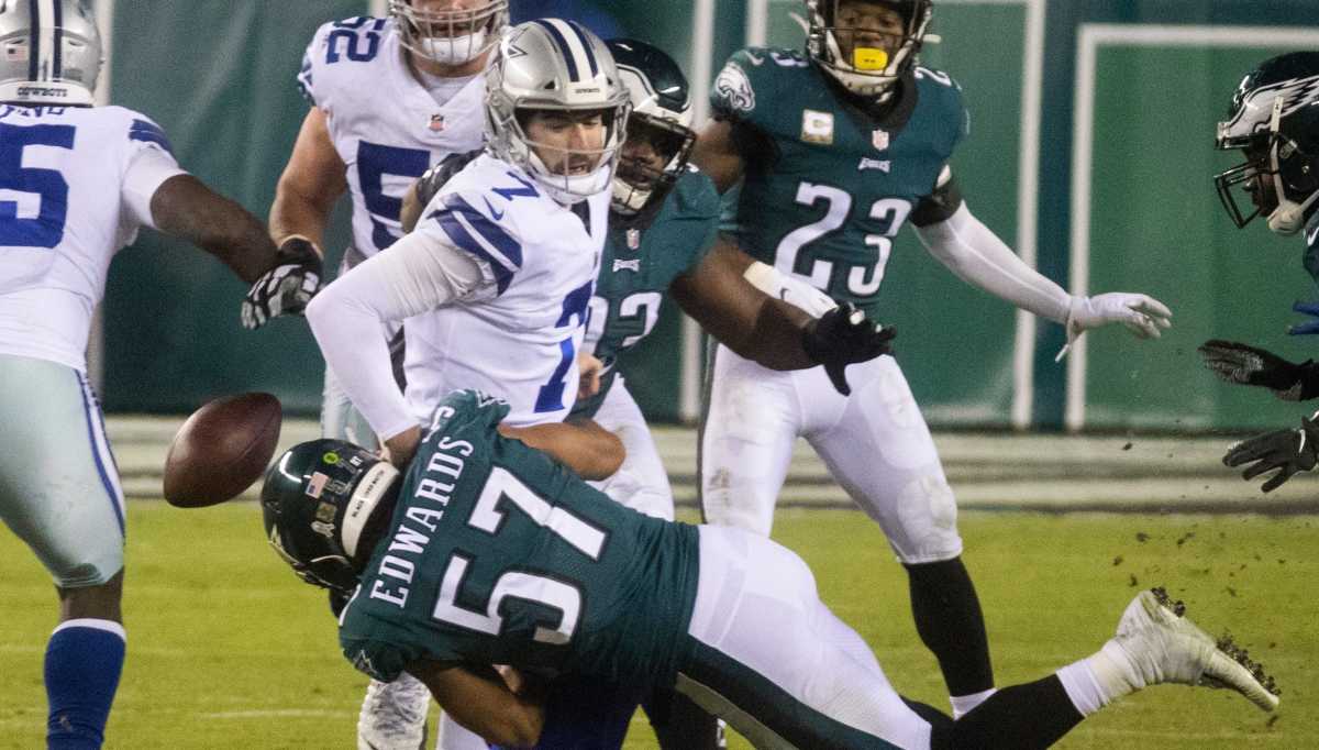 Eagles' T.J. Edwards forces the fumble as he brings down Dallas quarterback Ben DiNucci (7) Sunday, Nov. 1, 2020, at Lincoln Financial Field
