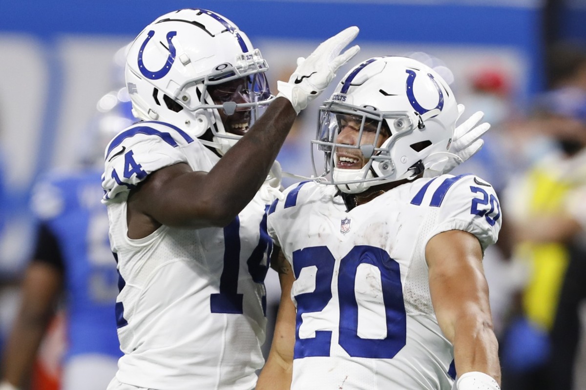 Indianapolis Colts wide receiver Zach Pascal (14) congratulates running back Jordan Wilkins during Sunday's 41-21 road win at Detroit.