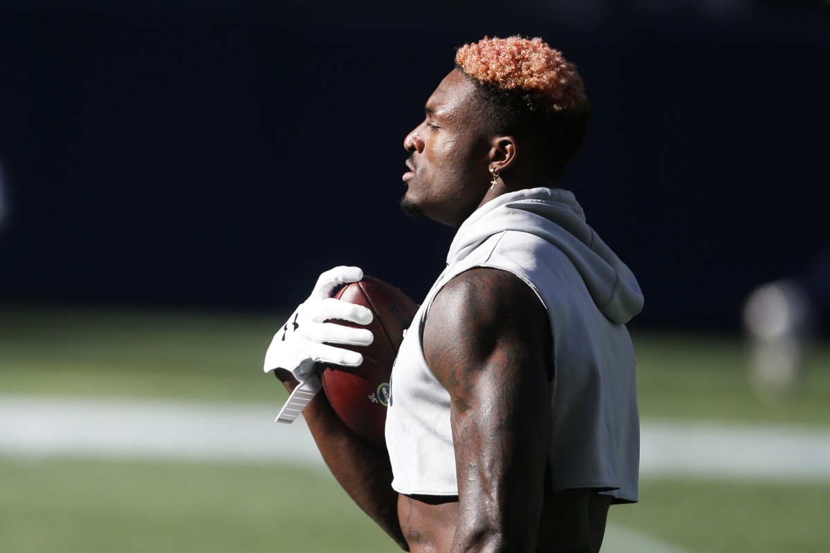 Seattle Seahawks wide receiver DK Metcalf (14) participates in pregame warmups against the San Francisco 49ers at CenturyLink Field. Mandatory Credit: Joe Nicholson-USA TODAY Sports