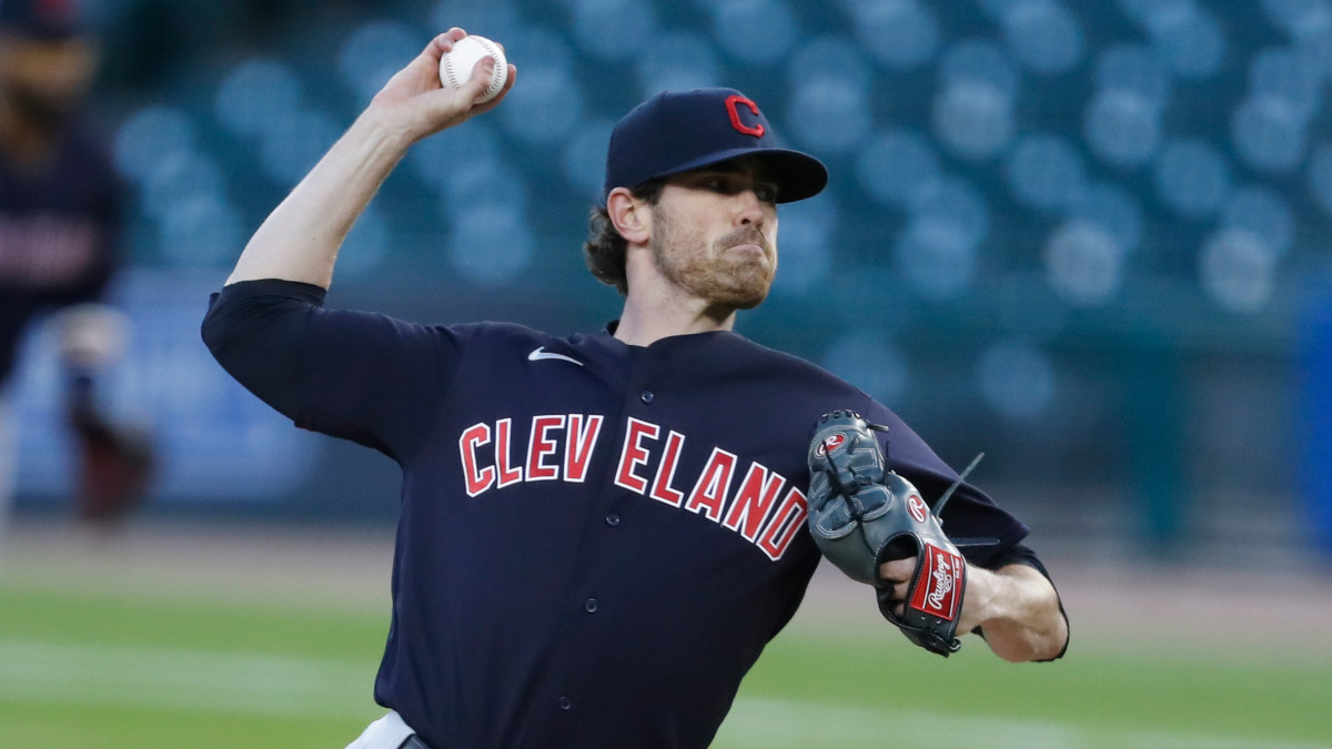 Cleveland Indians starting pitcher Shane Bieber (57) pitches during the first inning against the Detroit Tigers at Comerica Park.