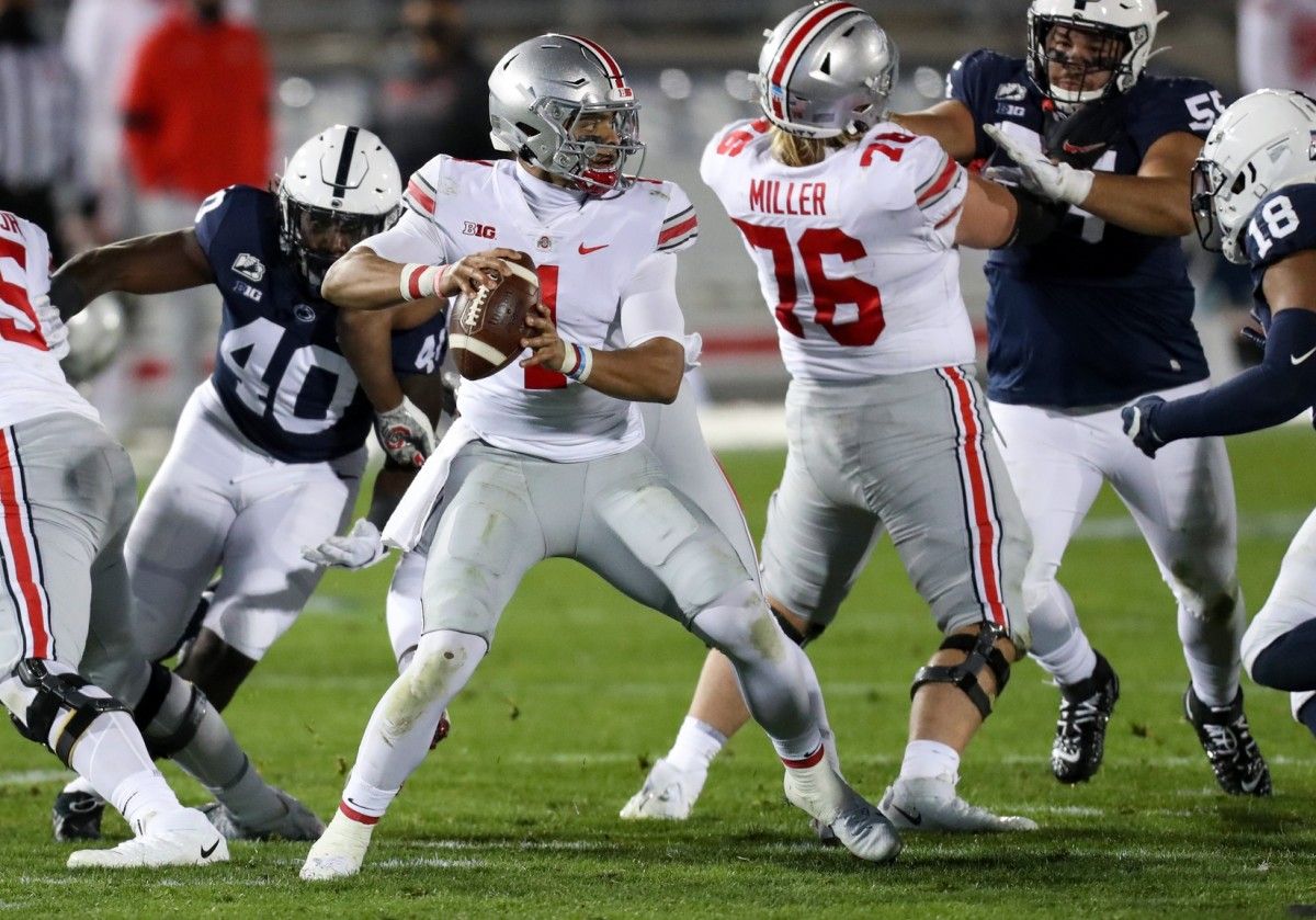 Ohio State quarterback Justin Fields has completed 87.3 percent of his passes so far through two games. (Matthew OHaren-USA TODAY Sports)