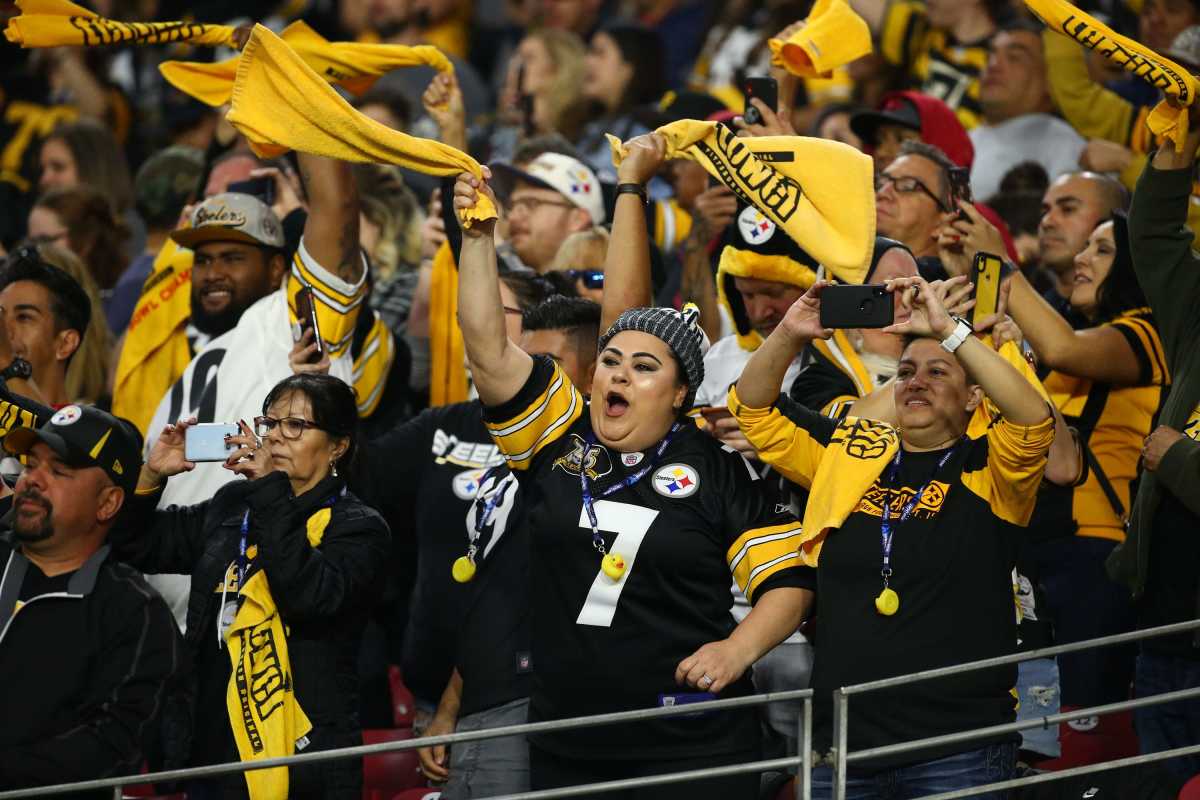 Steelers fans wave their Terrible Towels in the first half of a 2019 game against the Cardinals.