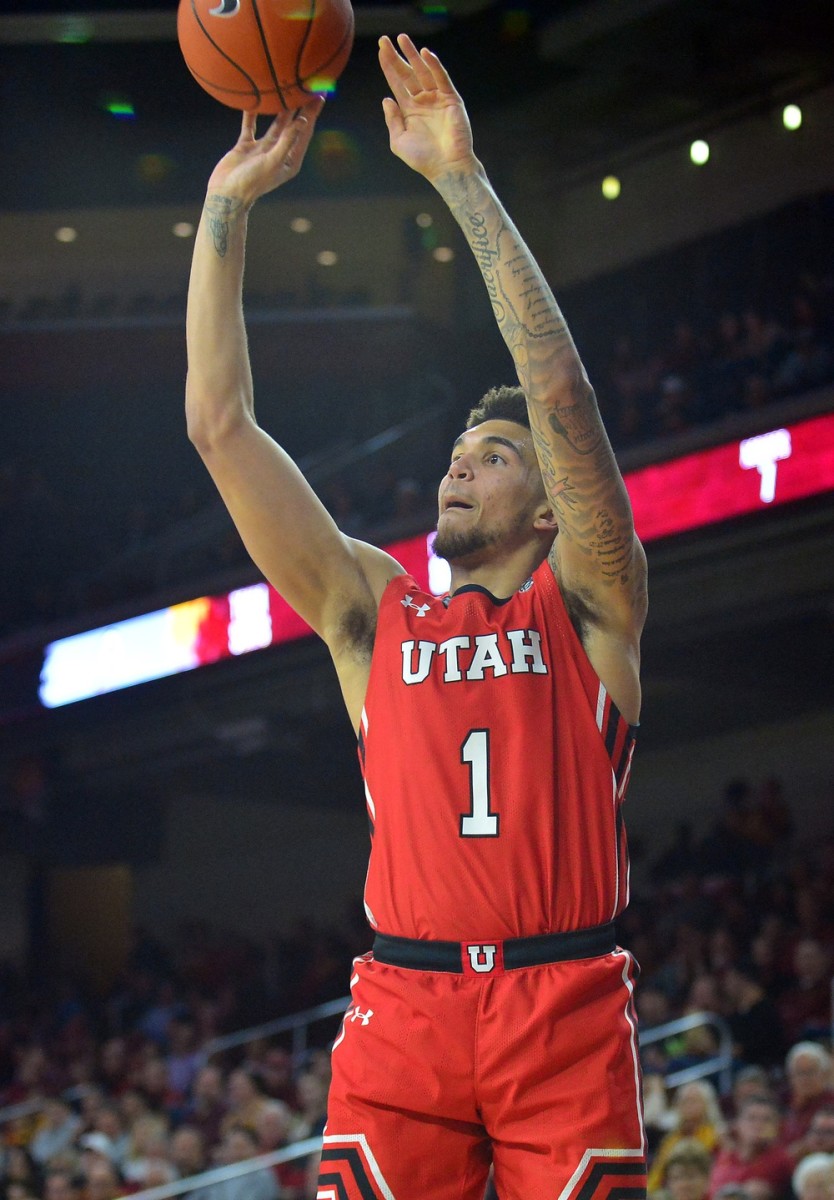 January 30, 2020; Los Angeles, California, USA; Utah Utes forward Timmy Allen (1) shoots against the Southern California Trojans during the second half at Galen Center.