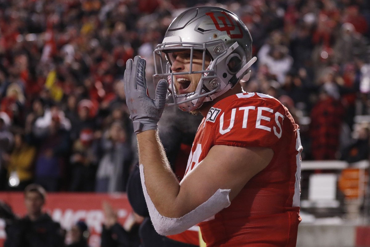 Nov 30, 2019; Salt Lake City, UT, USA; Utah Utes tight end Brant Kuithe (80) reacts after his fourth quarter touchdown against the Colorado Buffaloes at Rice-Eccles Stadium.