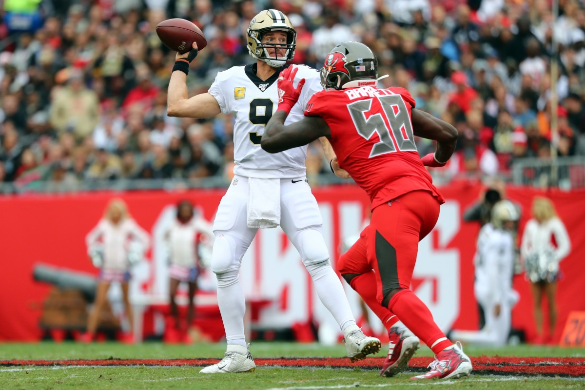 Nov 17, 2019; Tampa, FL, USA; New Orleans Saints quarterback Drew Brees (9) throws the ball against Tampa Bay Buccaneers linebacker Shaquil Barrett (58) during the first half at Raymond James Stadium. Mandatory Credit: Kim Klement-USA TODAY 