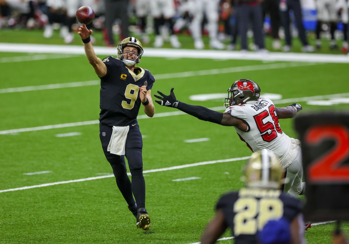 Sep 13, 2020; New Orleans, Louisiana, USA; New Orleans Saints quarterback Drew Brees (9) throws as Tampa Bay Buccaneers linebacker Shaquil Barrett (58) pressures during the second half at the Mercedes-Benz Superdome. Mandatory Credit: Derick E. Hingle-USA TODAY 