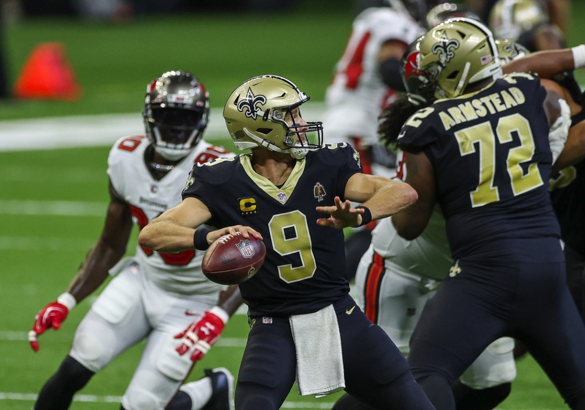 Sep 13, 2020; New Orleans, Louisiana, USA; New Orleans Saints quarterback Drew Brees (9) throws against the Tampa Bay Buccaneers during the first quarter at the Mercedes-Benz Superdome. Mandatory Credit: Derick E. Hingle-USA TODAY 