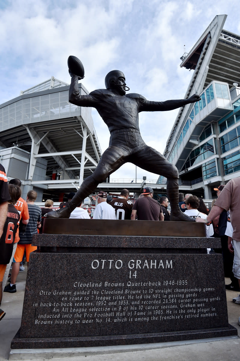 A statue of former Browns quarterback Otto Graham stands outside of FirstEnergy Stadium.