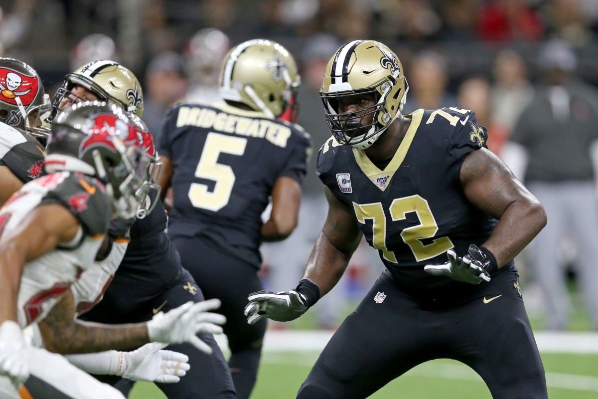 Oct 6, 2019; New Orleans, LA, USA; New Orleans Saints offensive tackle Terron Armstead (72) blocks in the second half against the Tampa Bay Buccaneers at the Mercedes-Benz Superdome. Mandatory Credit: Chuck Cook-USA TODAY 