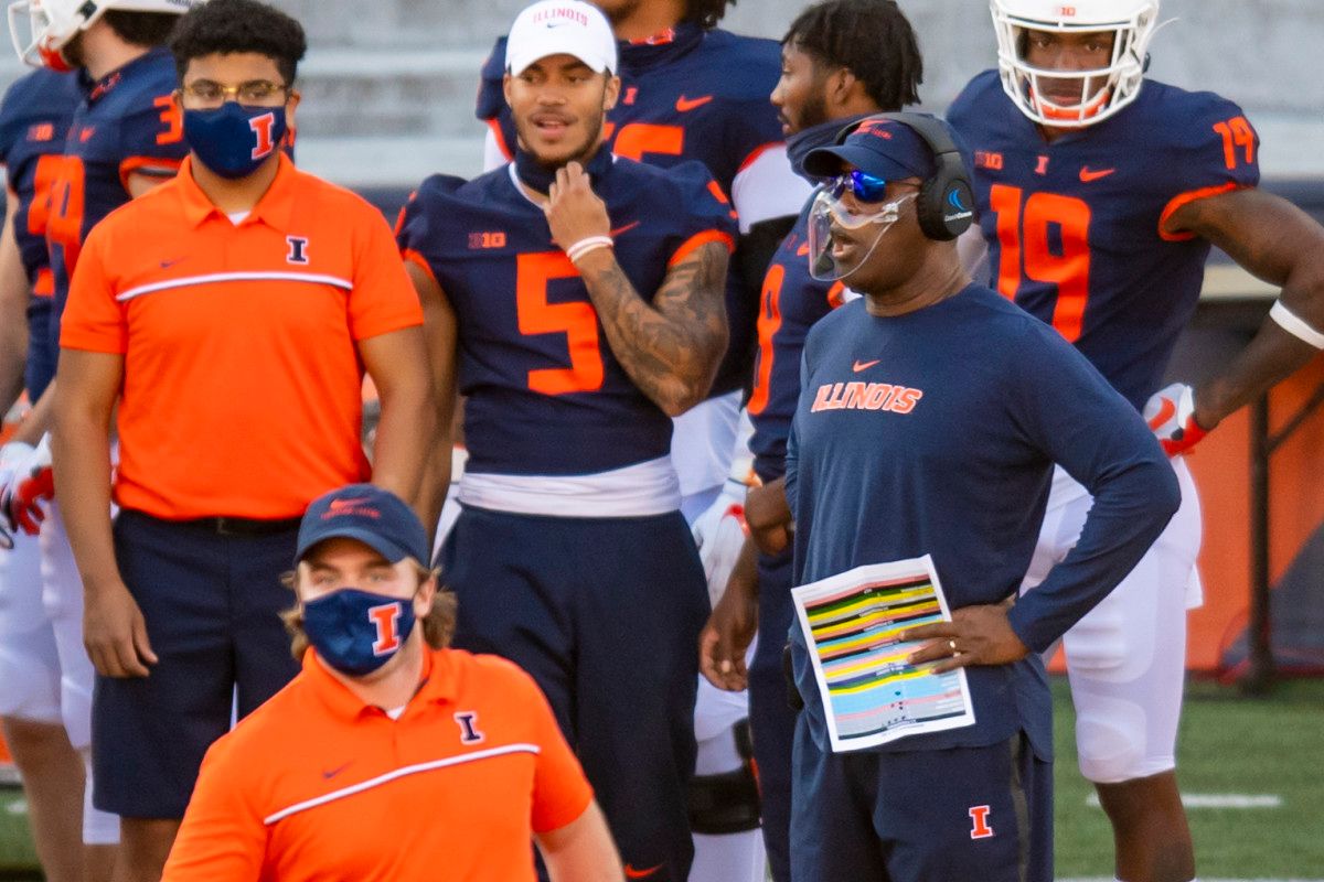 Illinois Fighting Illini head coach Lovie Smith looks on from the sideline during the first half against the Minnesota Golden Gophers at Memorial Stadium. Minnesota won Saturday 41-14.
