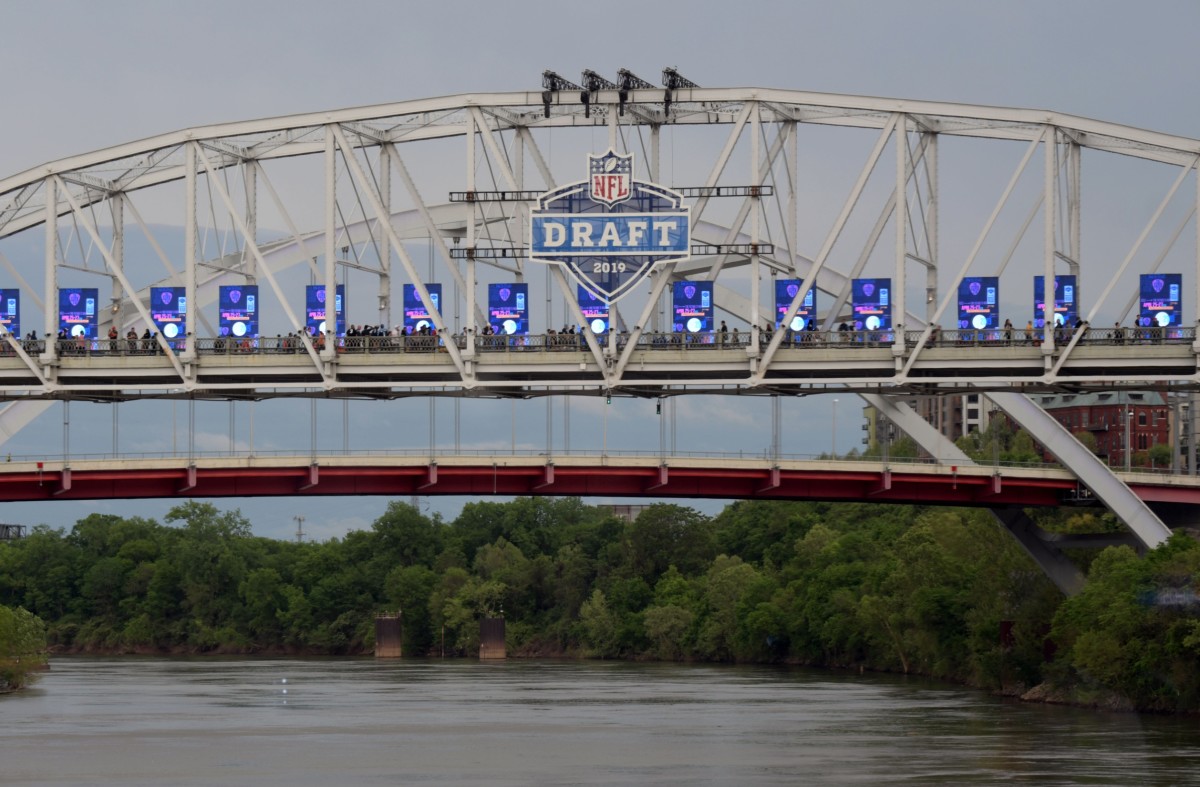 Apr 25, 2019; Nashville, TN, USA; The Korean War Veterans Memorial Bridge with the NFL Draft logo prior to the first round of the 2019 NFL Draft in Downtown Nashville.