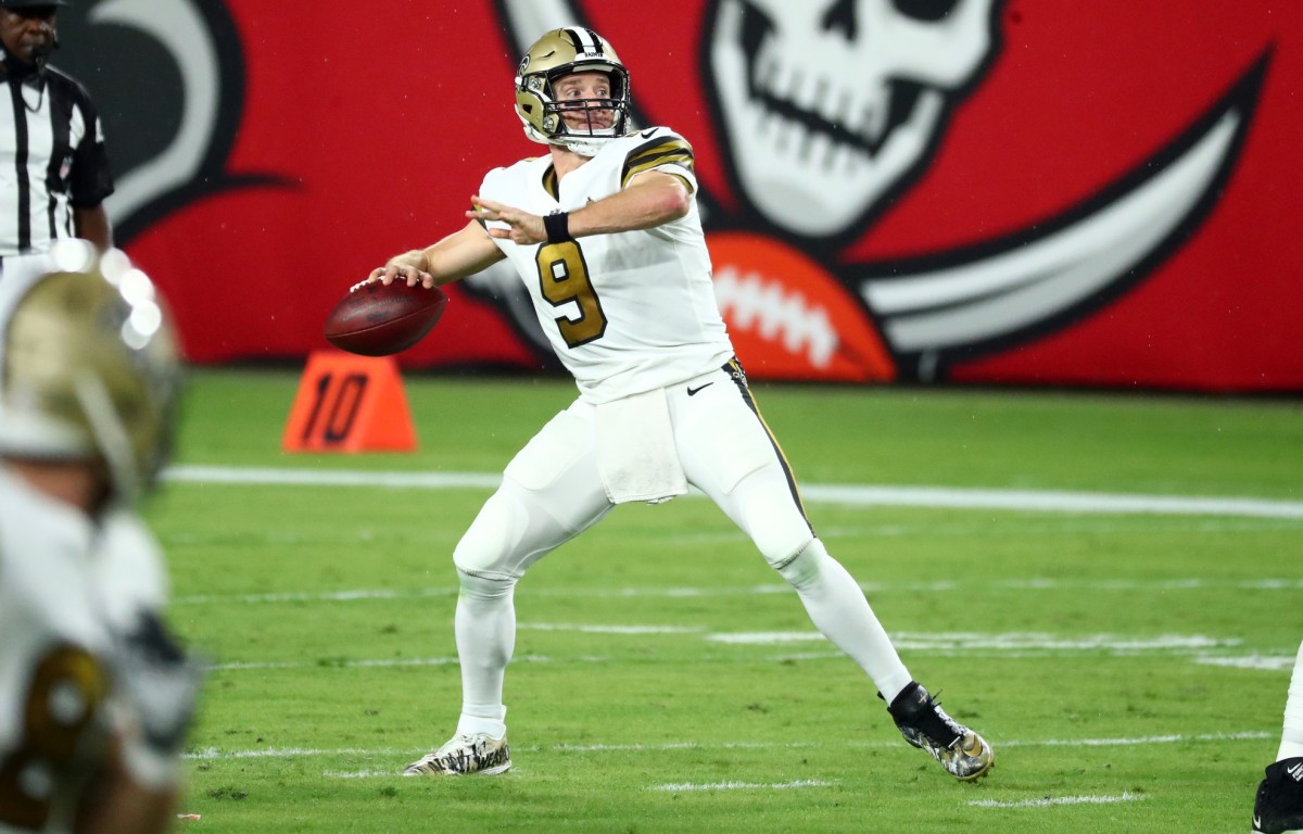 Nov 8, 2020; Tampa, Florida, USA; New Orleans Saints quarterback Drew Brees (9) throws the ball against the Tampa Bay Buccaneers during the first half at Raymond James Stadium. Mandatory Credit: Kim Klement-USA TODAY Sports