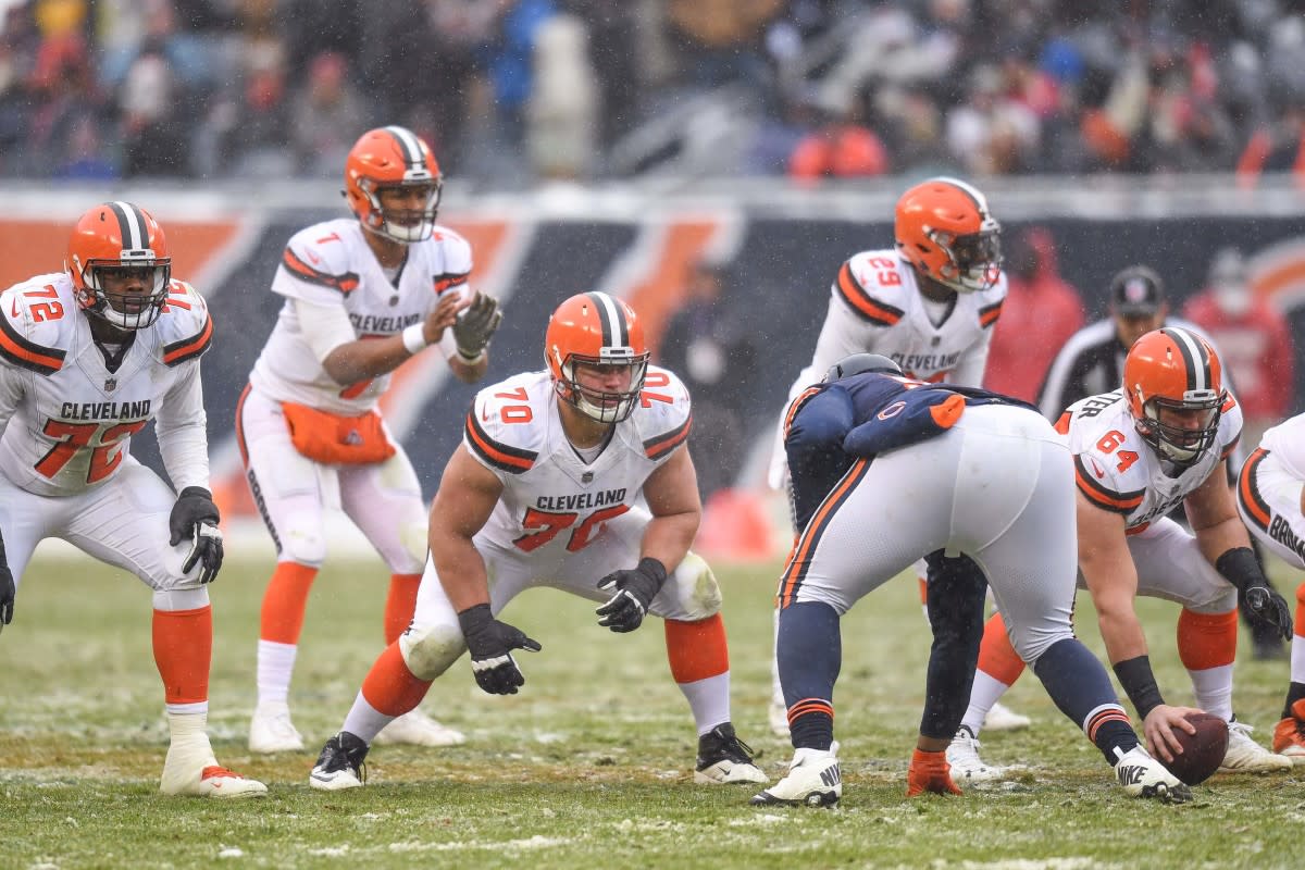 The 2017 Browns offensive line prepares for a play against the Bears.