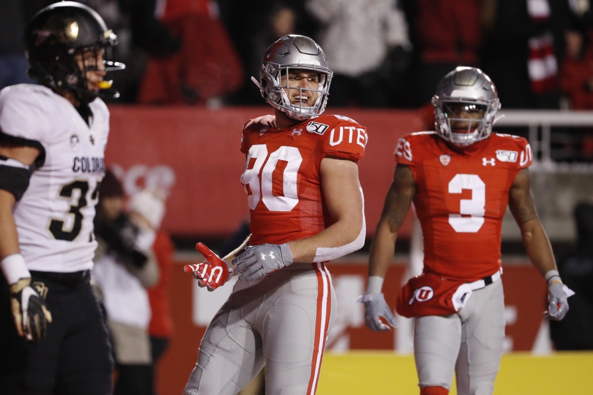 Nov 30, 2019; Salt Lake City, UT, USA; Utah Utes tight end Brant Kuithe (80) celebrates after his second second quarter touchdown against the Colorado Buffaloes at Rice-Eccles Stadium.