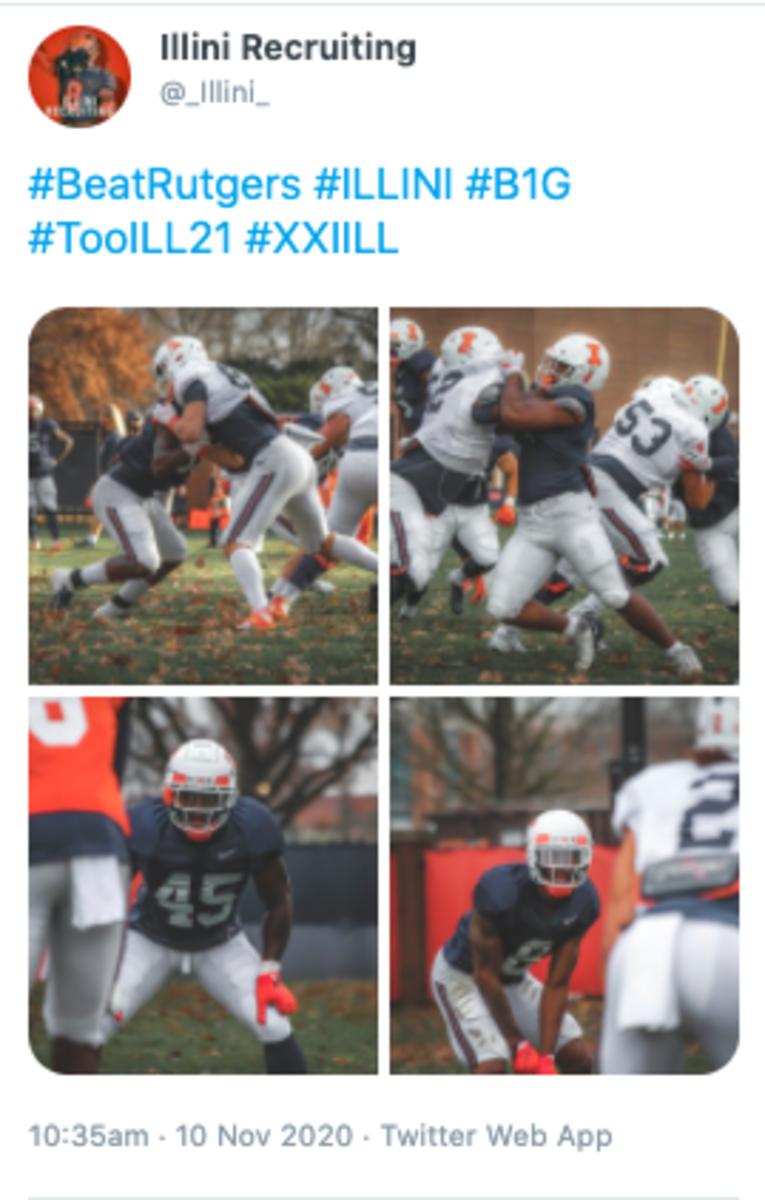 A photo released Tuesday afternoon by the Illinois football recruiting Twitter feed showed senior cornerback and co-captain Nate Hobbs back on the practice field in full pads on the first day this week the Illini were physically back to work. Minutes later the photos and tweet were deleted. 