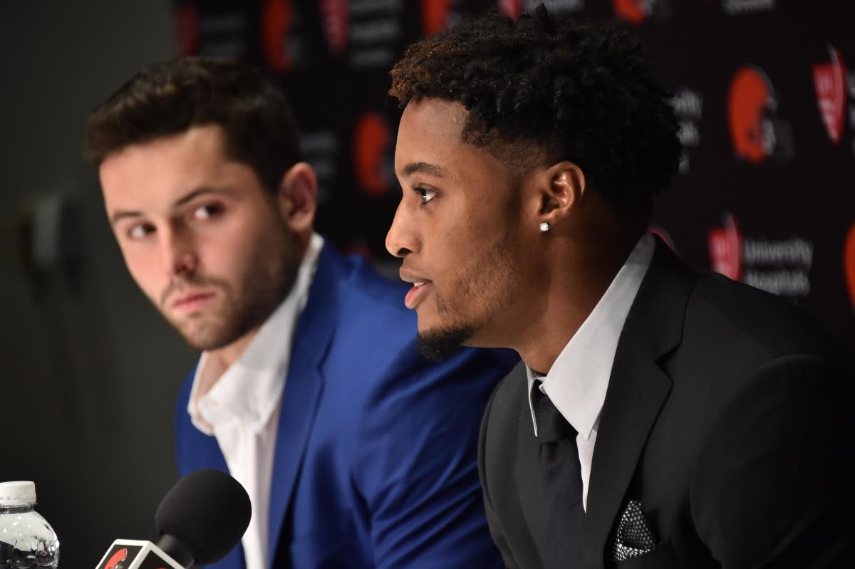 Baker Mayfield (left) and Denzel Ward speak after both being selected by the Browns in the first round of the 2018 NFL Draft. 