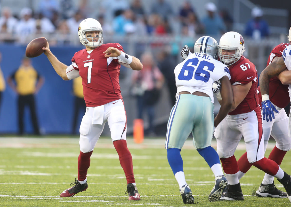Cardinals quarterback Blaine Gabbert (7) drops back to pass against the Cowboys during the first quarter at Tom Benson Hall of Fame Stadium in the 2017 NFL Hall of Fame Game.