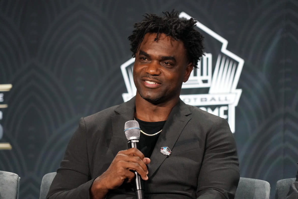 Hall of Fame inductee Edgerrin James speaks to the media during the NFL Honors awards presentation at Adrienne Arsht Center in Miami, Feb. 1, 2020.