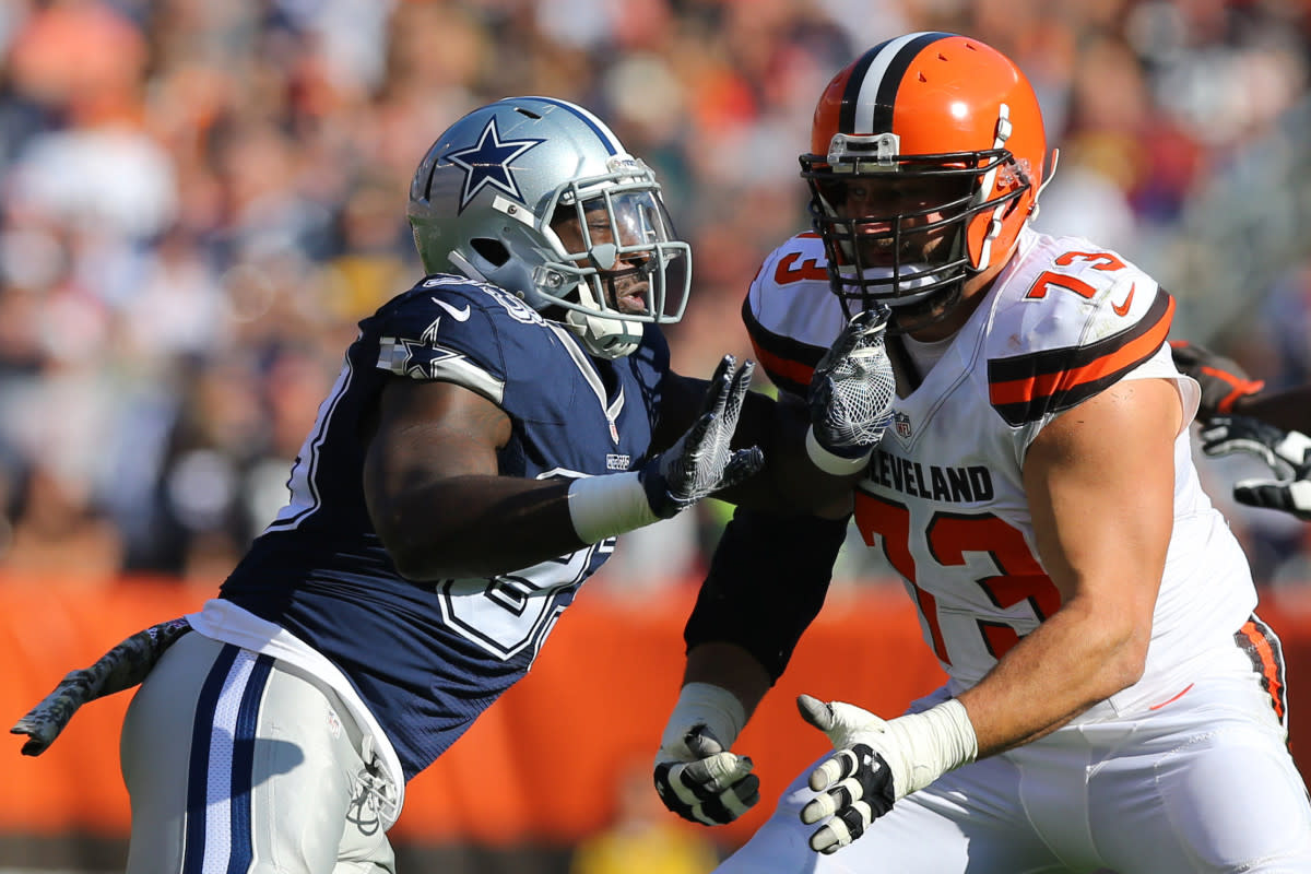 Browns offensive tackle Joe Thomas (73) holds off Cowboys defensive end Benson Mayowa during a 2016 game at FirstEnergy Stadium.