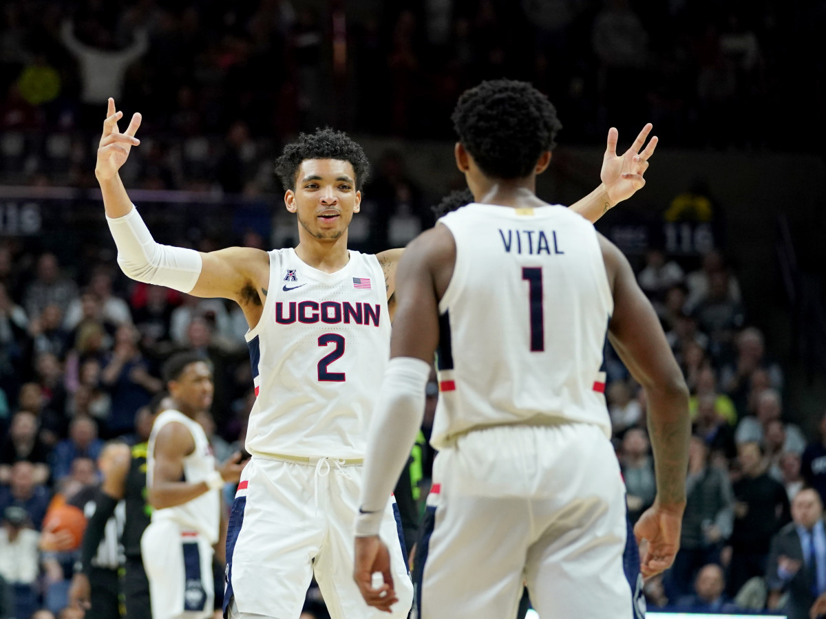 Feb 23, 2020; Storrs, Connecticut, USA; Connecticut Huskies guard James Bouknight (2) reacts after a play against the South Florida Bulls in the second half at Harry A. Gampel Pavilion. UConn defeated South Florida 78-71.