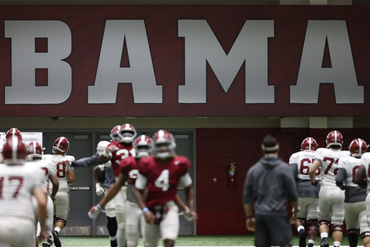 Alabama indoor practice with Bama sign in background, Nov. 11, 2020
