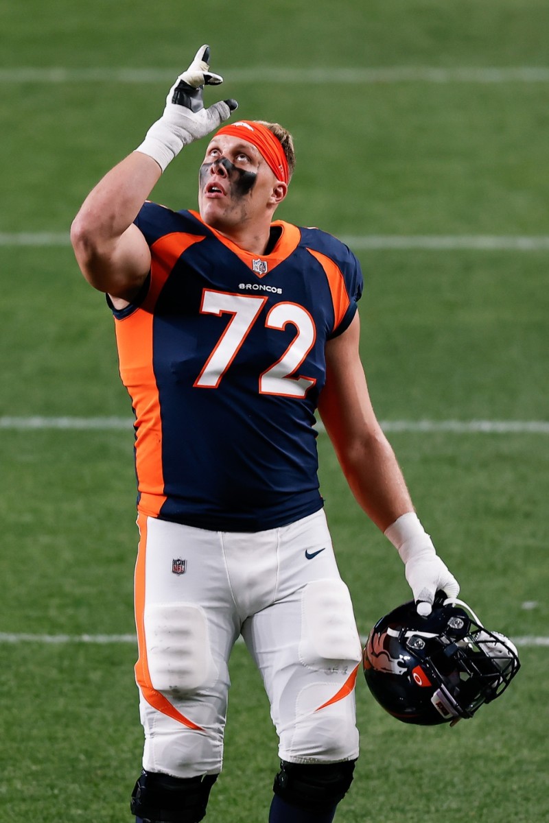 Sep 14, 2020; Denver, Colorado, USA; Denver Broncos offensive tackle Garett Bolles (72) before the game against the Tennessee Titans at Empower Field at Mile High.