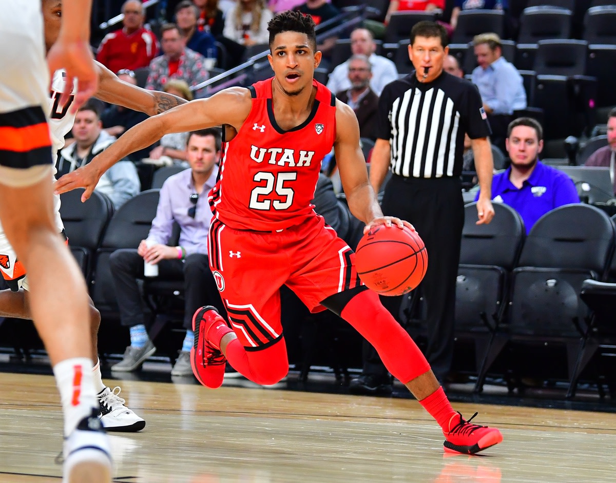 Mar 11, 2020; Las Vegas, Nevada, USA; Utah Utes guard Alfonso Plummer (25) dribbles during the first half against the Oregon State Beavers at Mobile Arena.