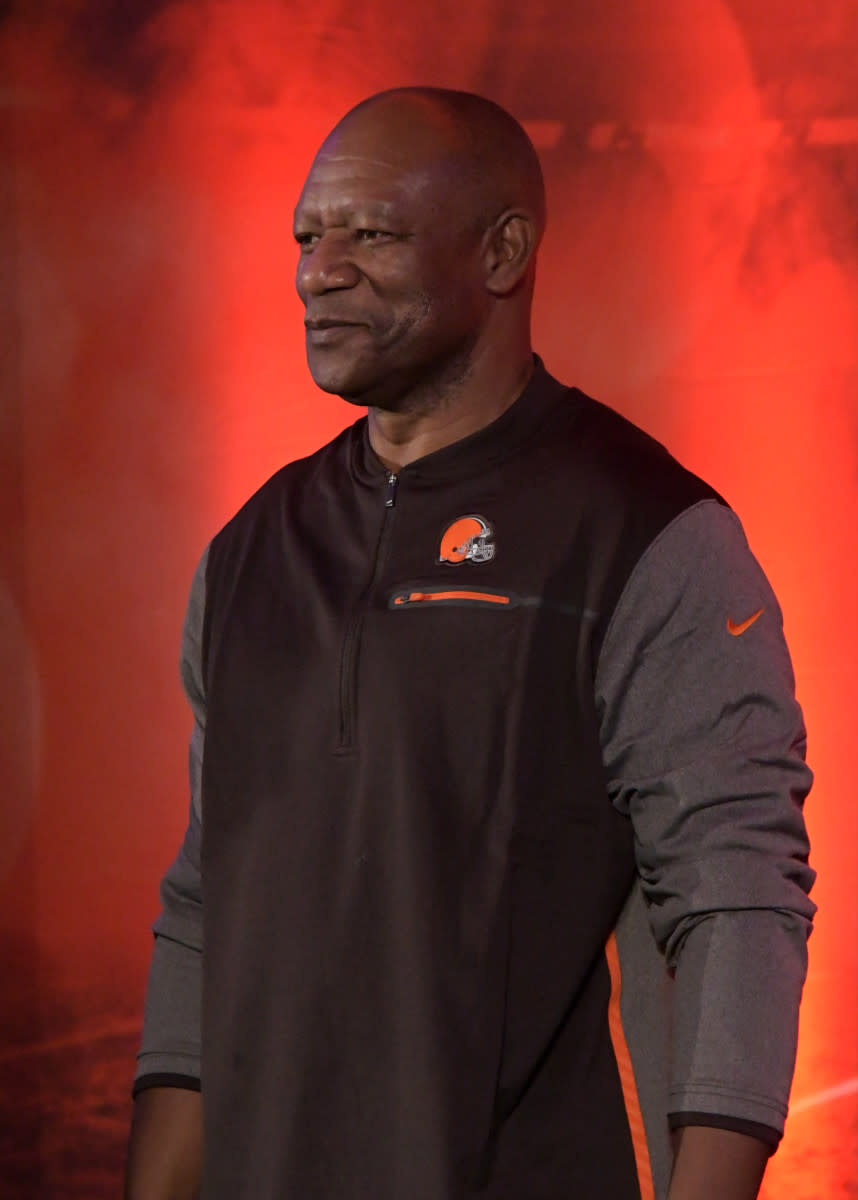 Former Browns cornerback Hanford Dixon speaks during NFL UK Live at the Landmark Hotel in 2017. Dixon is credited with inspiring the “Dawg Pound” section of fans.