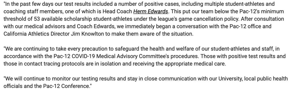ASU statement on Cal cancellation