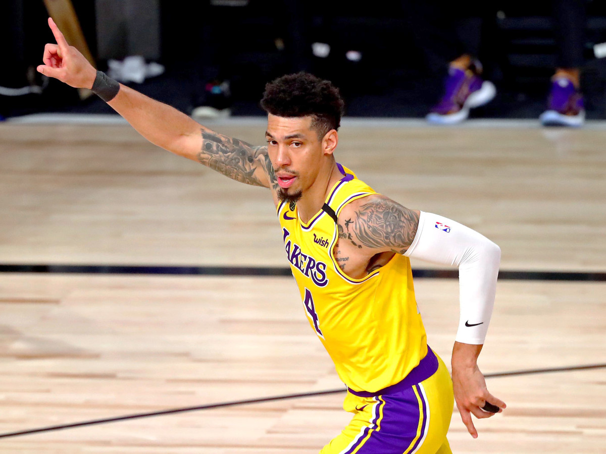 Oct 6, 2020; Miami, Florida, USA; Los Angeles Lakers guard Danny Green (14) reacts after a play during the second quarter against the Miami Heat in Game 4 of the 2020 NBA Finals at AdventHealth Arena.