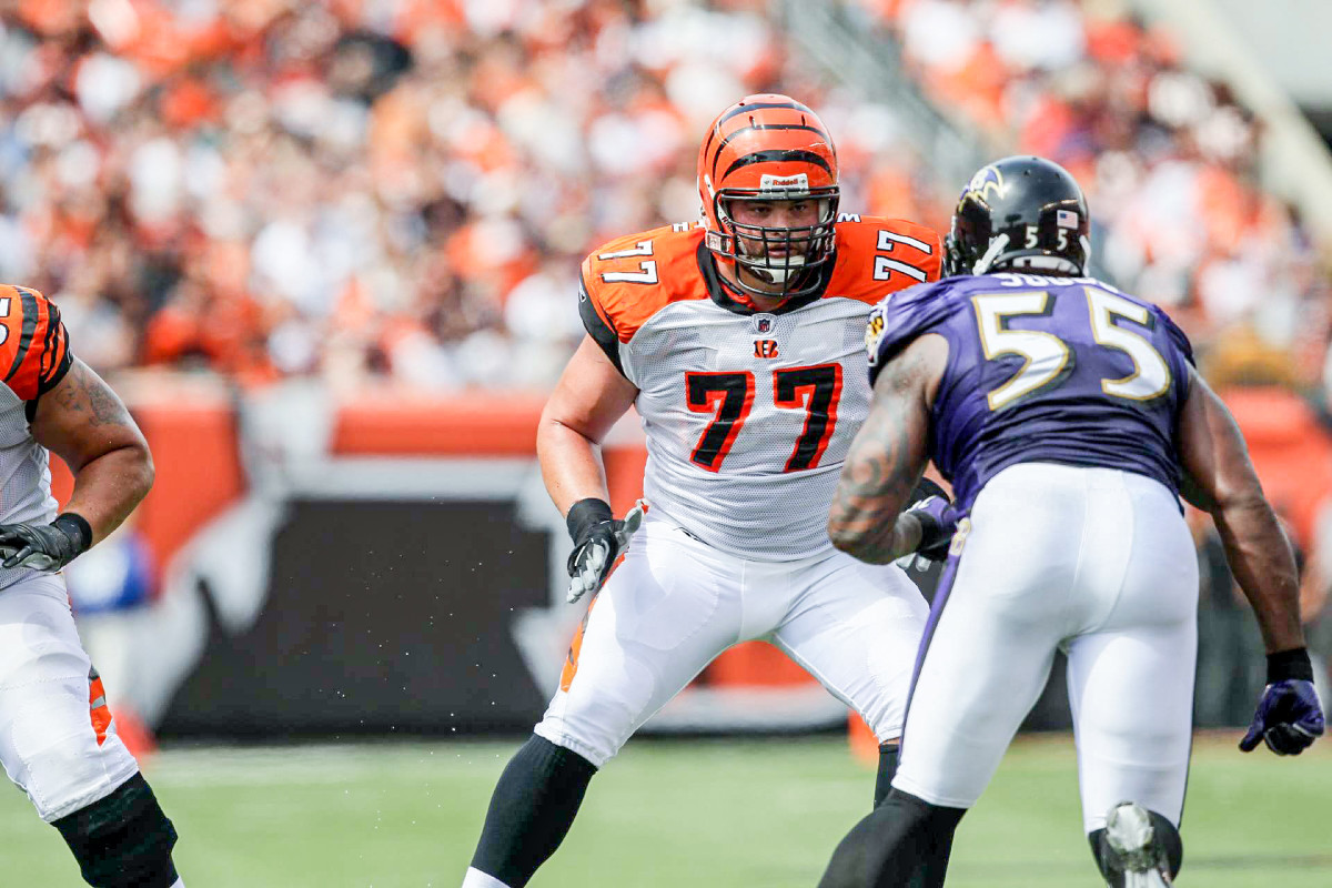 Then a Bengals lineman, Andrew Whitworth blocks Terrell Suggs during a Bengals-Ravens game