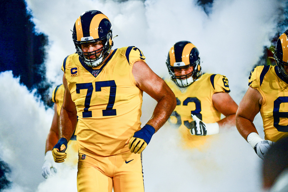 Andrew Whitworth leads the Rams out of the tunnel before a 2018 game against the Chiefs