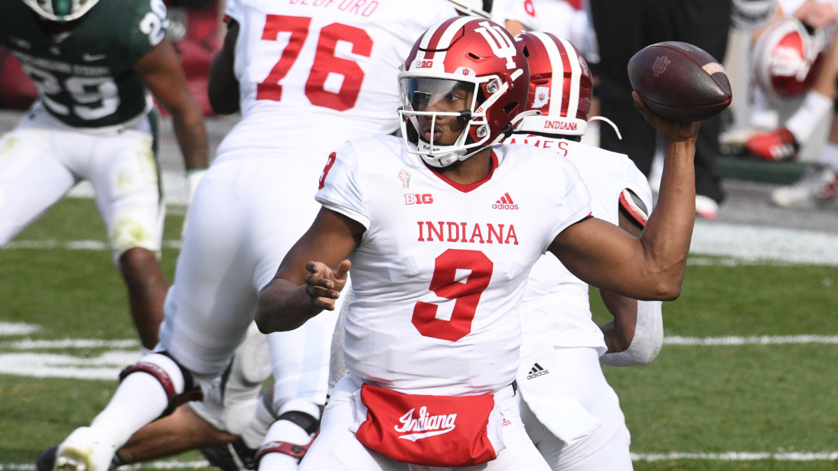 Indiana Hoosiers quarterback Michael Penix Jr. (9) throws a pass during the second quarter against the Michigan State Spartans at Spartan Stadium.