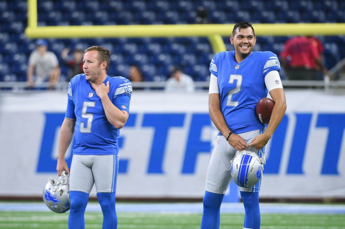 Aug 17, 2018; Detroit, MI, USA; Detroit Lions kicker Matt Prater (5) and punter Ryan Santoso (2) looks on before a game against the New York Giants at Ford Field.