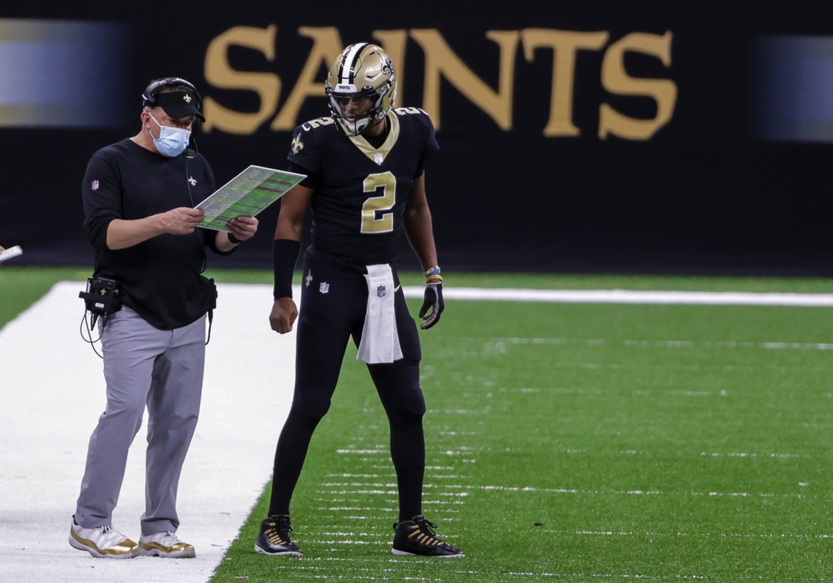 Nov 15, 2020; New Orleans, Louisiana, USA; New Orleans Saints head coach Sean Payton and quarterback Jameis Winston (2) talk on the sideline during the second half against the San Francisco 49ers at the Mercedes-Benz Superdome. Mandatory Credit: Derick E. Hingle-USA TODAY 