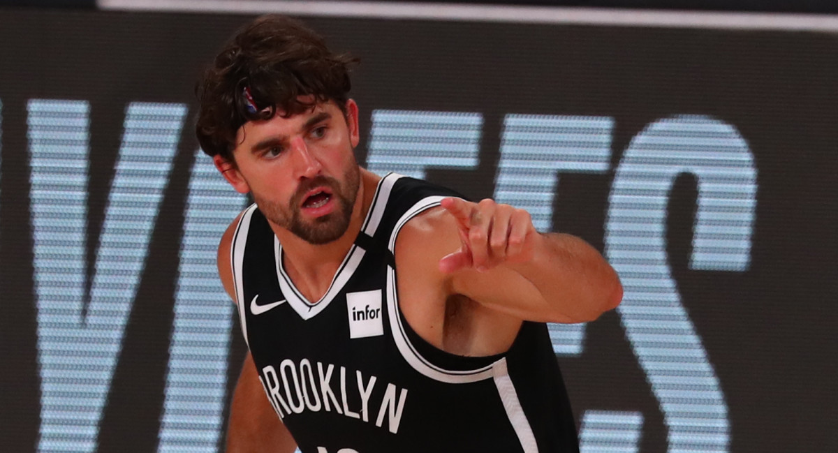Brooklyn Nets forward Joe Harris (12) reacts after a shot during the first half in game one of the first round of the 2020 NBA Playoffs