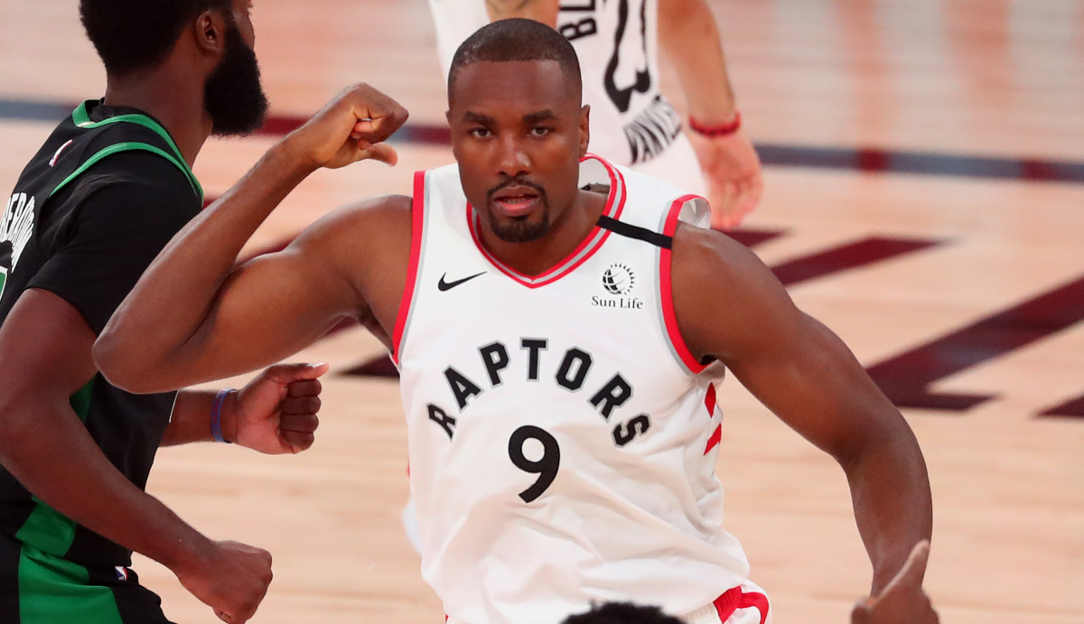Toronto Raptors center Serge Ibaka (9) reacts after making a basket