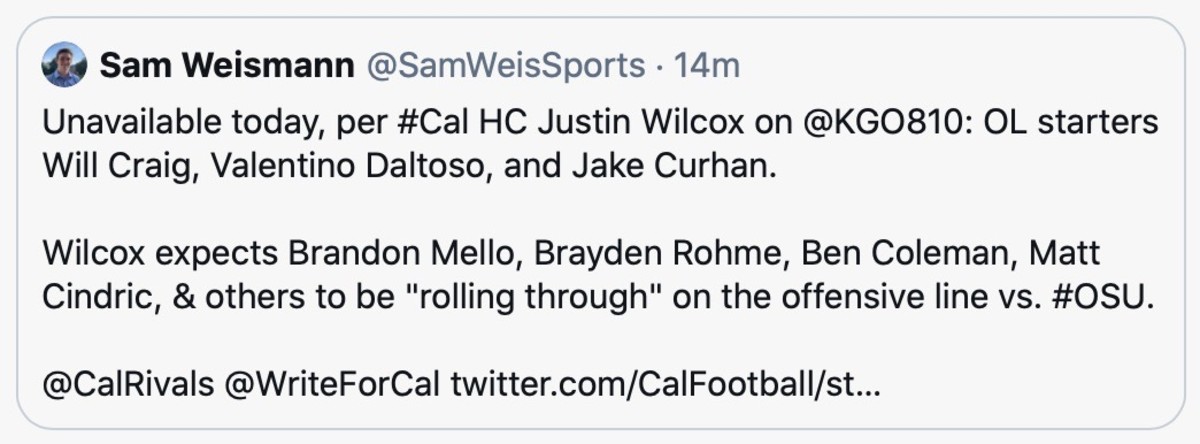 Cal offensive lineman out - COVID