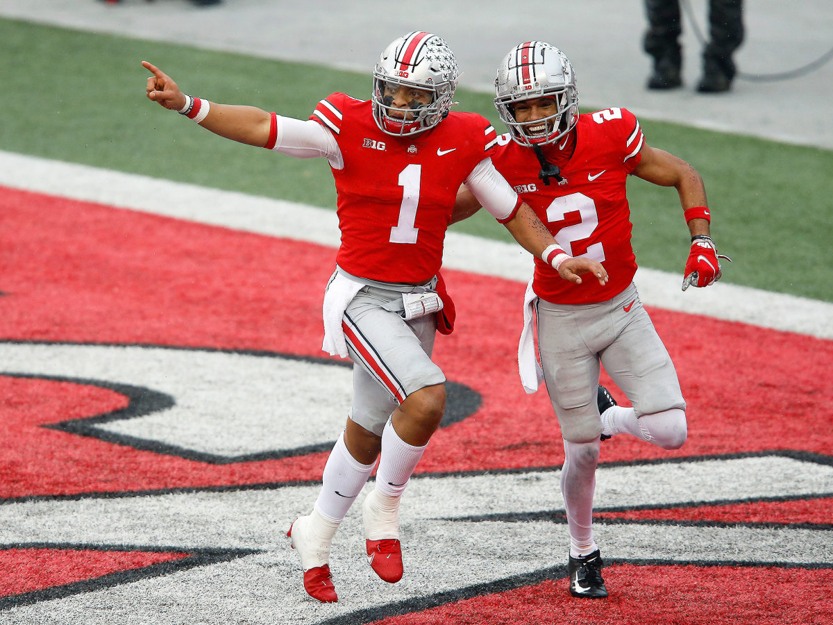 Ohio State's Justin Fields and Chris Olave celebrate a touchdown vs. Indiana