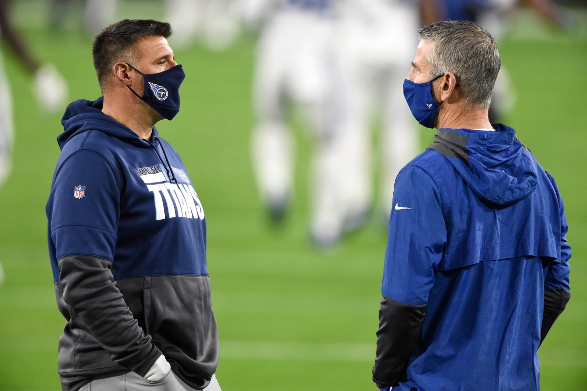 Tennessee Titans head coach Mike Vrabel chats with Indianapolis Colts head coach Frank Reich before a Thursday night game in Nashville, Tenn.