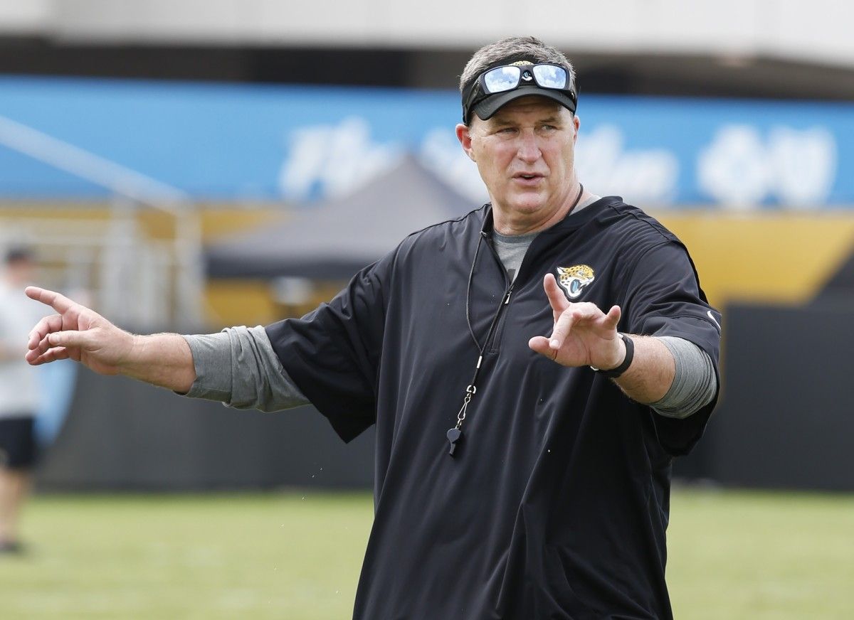 Jacksonville Jaguars head coach Doug Marrone makes a point during a training camp practice.