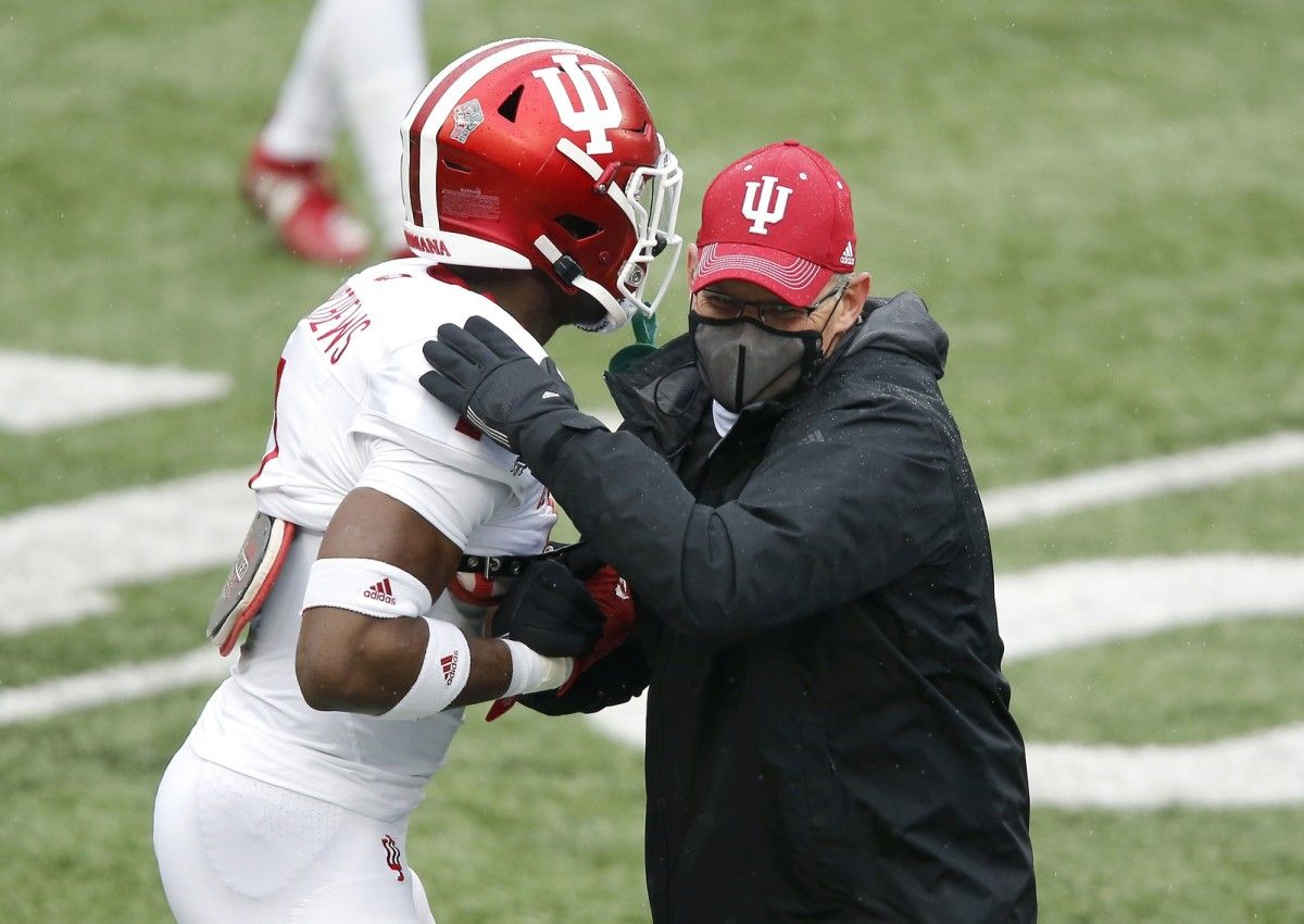 Indiana coach Tom Allen embraces Devon Matthews prior to Saturday's game with Ohio State. (Joseph Maiorana/USA TODAY Sports)