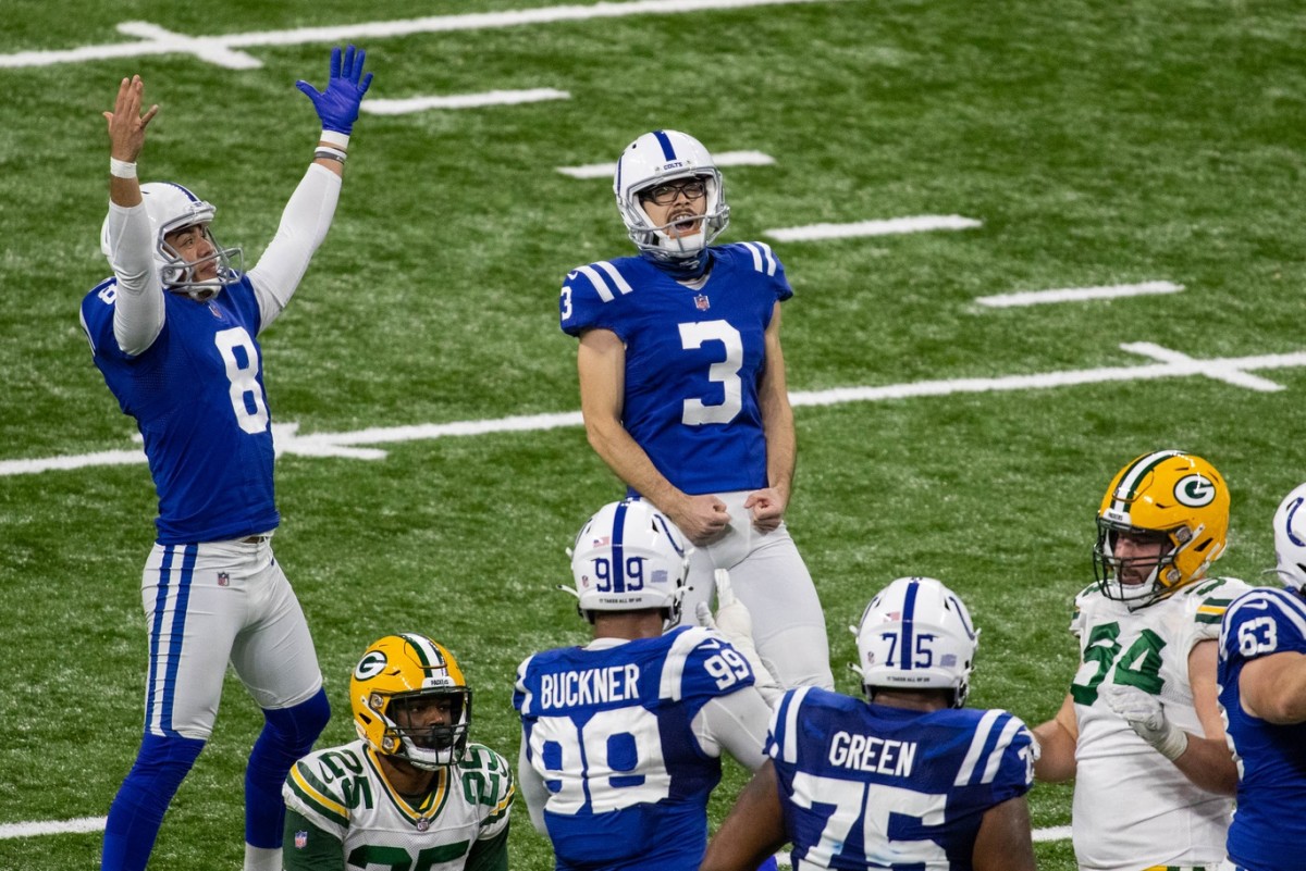 Indianapolis Colts kicker Rodrigo Blankenship (3) and holder Rigoberto Sanchez (8) react to a 39-yard field goal that provided a 34-31 overtime home win over the Green Bay Packers on Sunday.