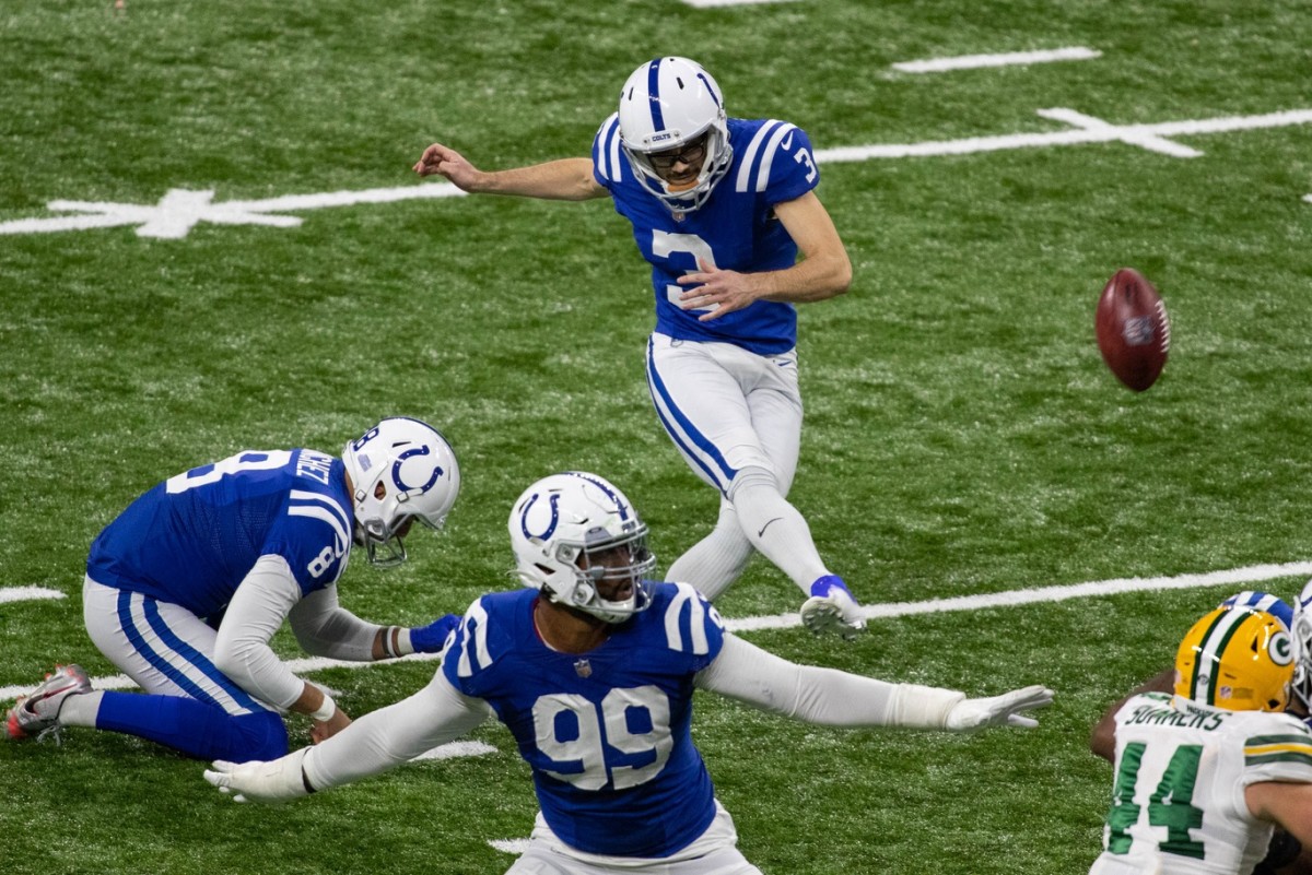 Rookie kicker Rodrigo Blankenship hits a 39-yard field goal to give the Indianapolis Colts a 34-31 overtime win over the Green Bay Packers on Sunday at Lucas Oil Stadium.