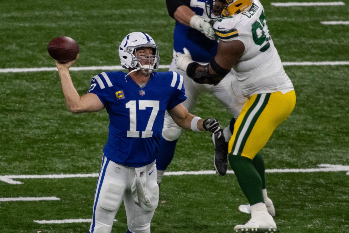 Indianapolis Colts quarterback Philip Rivers leans into a pass during a Week 11 home win over the Green Bay Packers at Lucas Oil Stadium.