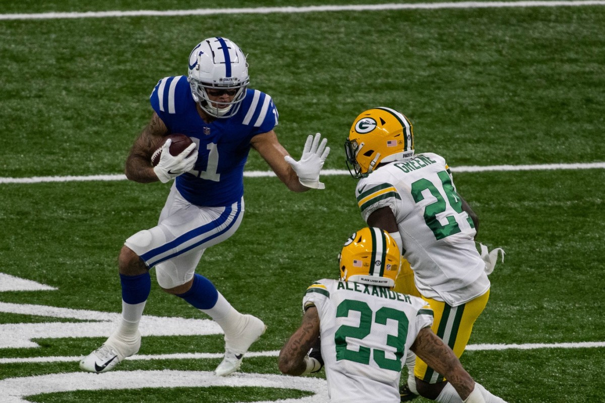 Indianapolis Colts rookie wide receiver Michael Pittman Jr. looks to run after a catch in Sunday's home win over the Green Bay Packers.
